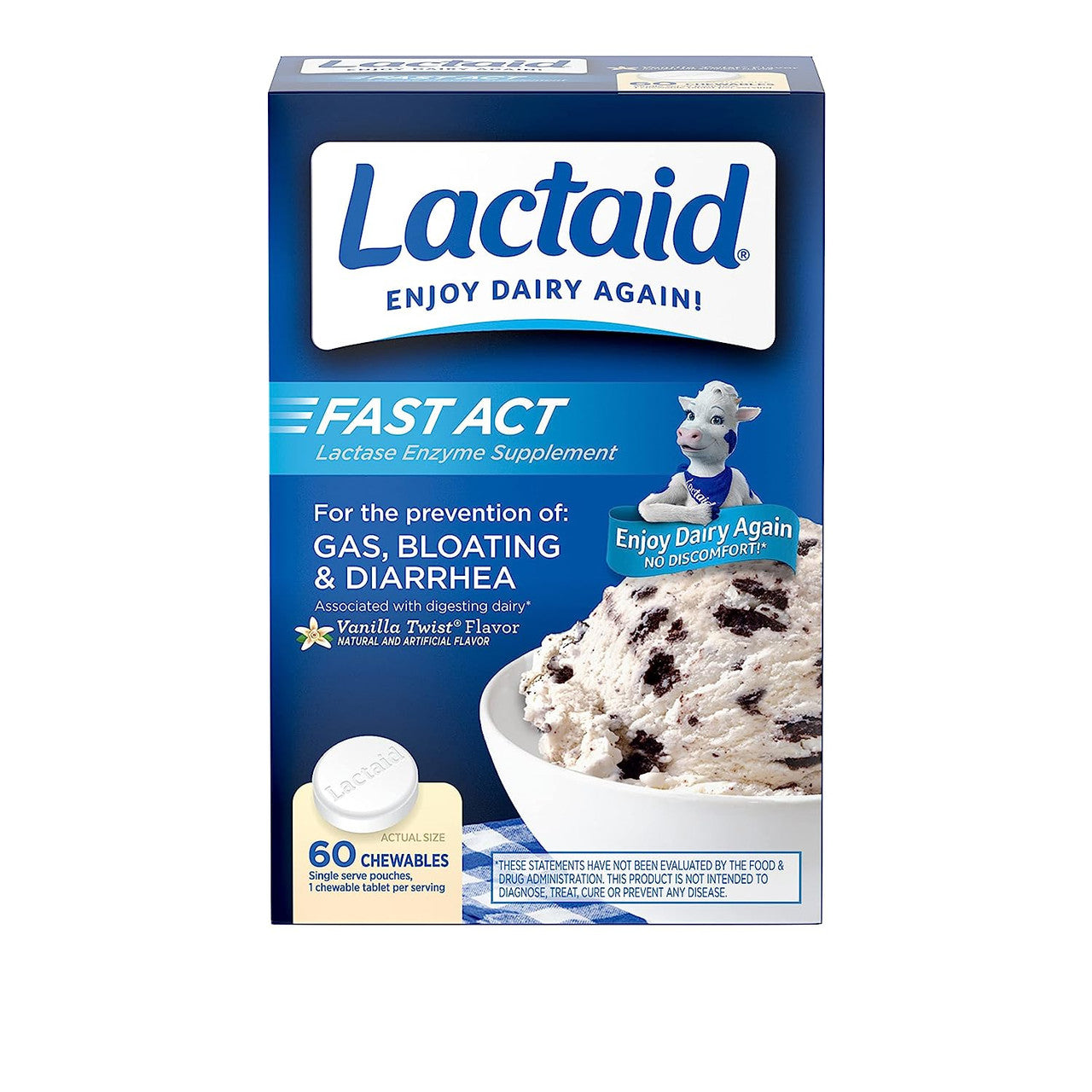 Lactaid Fast Act Lactase Enzyme Supplement Vanilla Twist Flavor Chewable Tablets, 60 Ea